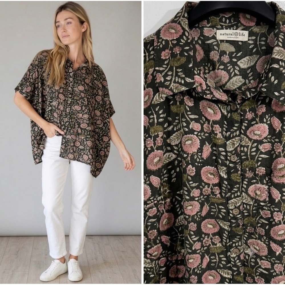 Natural Life Top Kelly Oversized Floral Button Front Boho Cottagecore One Size